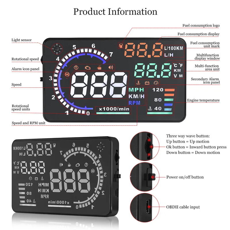 AD 5.5'' OBD2 HUD Car Head Up  - Anemometer Wind Speed recension och pris